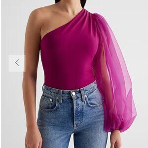 Express Organza Sleeve One Shoulder Pleated Bodysuit